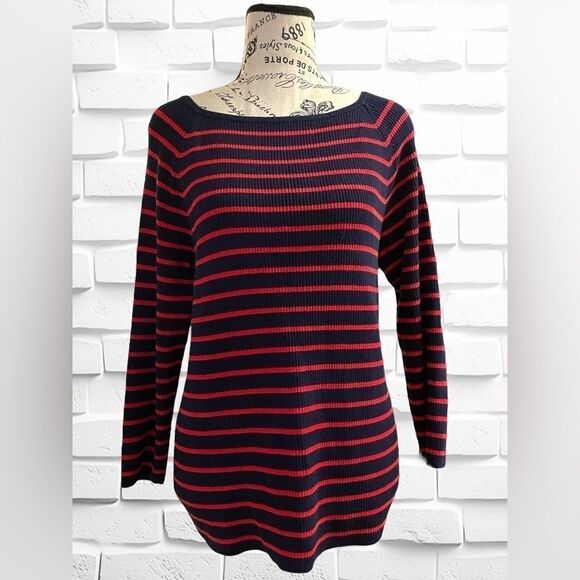 Lauren Ralph Lauren Women’s Size Large Navy & Red Striped Sweater • Relaxed Fit - Picture 1 of 16